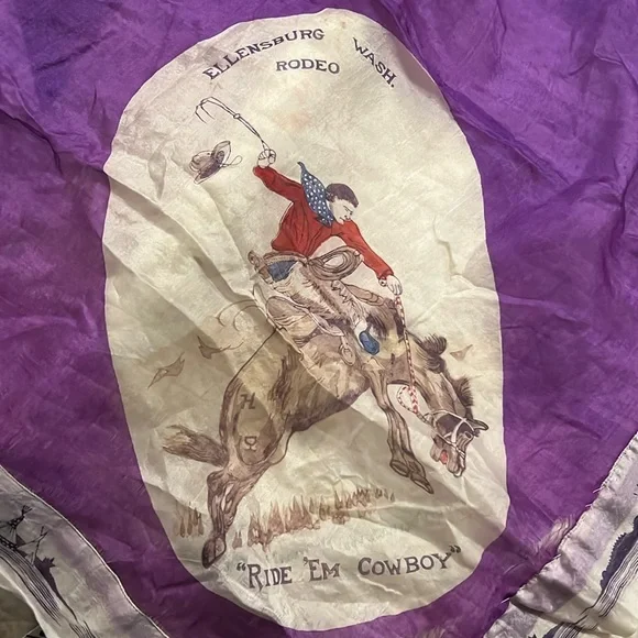 OOAK Antique Ellensburg Washington Rodeo tee pee cowboy silk scarf handmade